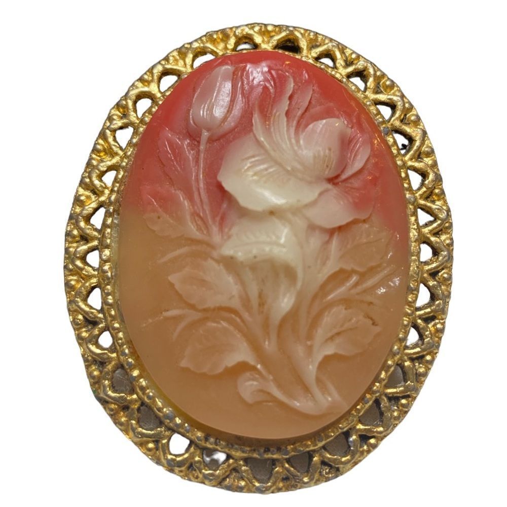 Vintage Carved Celluloid Flower Cameo Brooch - Picture 6 of 12